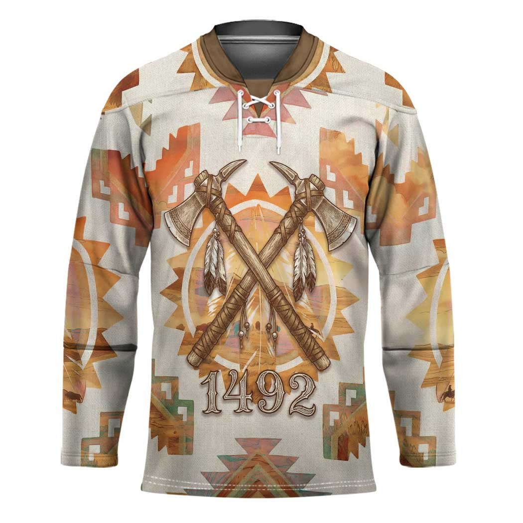 Native American Headdress and Tomahawk Hockey Jersey with 1492 Symbolic Date Traditional Feather Motif Indigenous Heritage - Wonder Print Shop