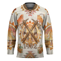 Native American Headdress and Tomahawk Hockey Jersey with 1492 Symbolic Date Traditional Feather Motif Indigenous Heritage - Wonder Print Shop