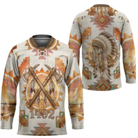 Native American Headdress and Tomahawk Hockey Jersey with 1492 Symbolic Date Traditional Feather Motif Indigenous Heritage - Wonder Print Shop