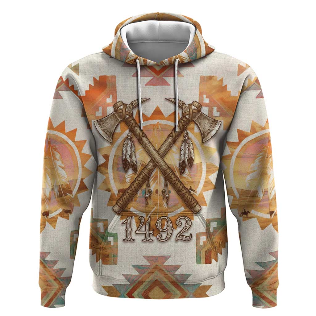 Native American Headdress and Tomahawk Hoodie with 1492 Symbolic Date Traditional Feather Motif Indigenous Heritage - Wonder Print Shop