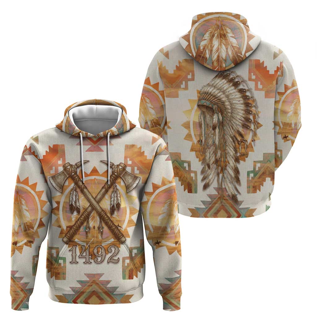 Native American Headdress and Tomahawk Hoodie with 1492 Symbolic Date Traditional Feather Motif Indigenous Heritage - Wonder Print Shop
