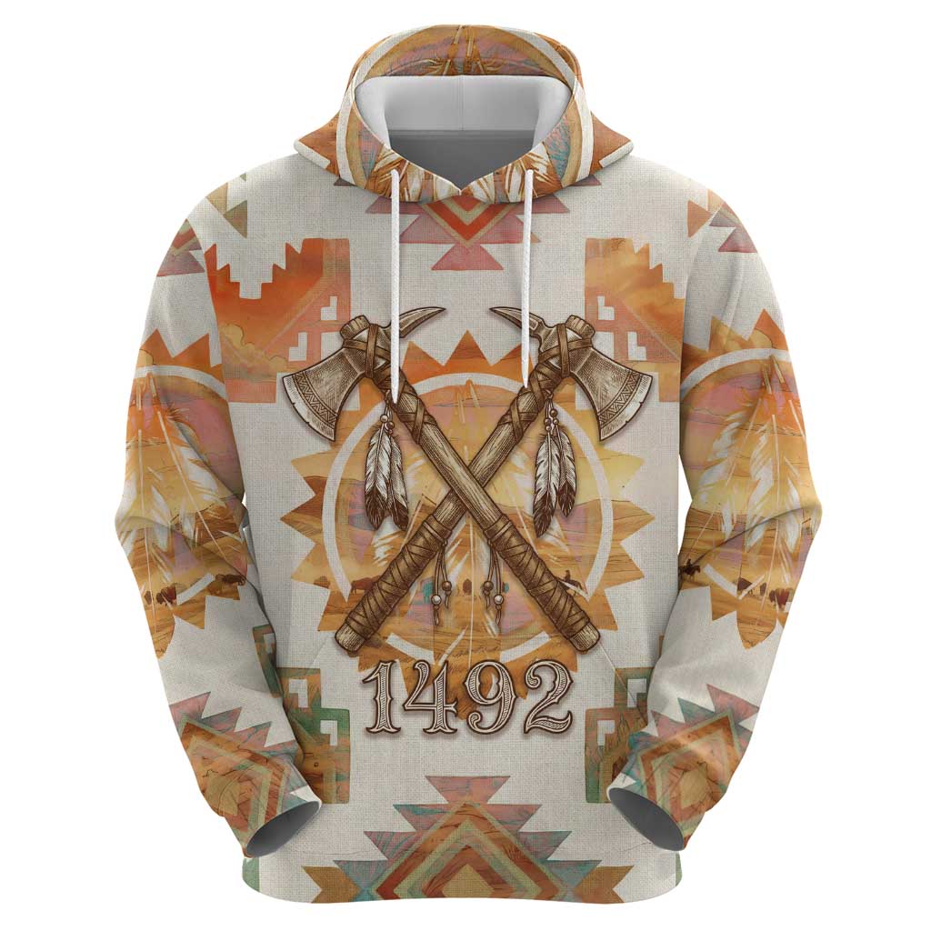 Native American Headdress and Tomahawk Hoodie with 1492 Symbolic Date Traditional Feather Motif Indigenous Heritage - Wonder Print Shop