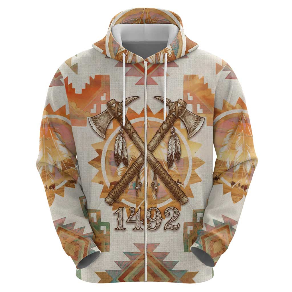 Native American Headdress and Tomahawk Hoodie with 1492 Symbolic Date Traditional Feather Motif Indigenous Heritage - Wonder Print Shop