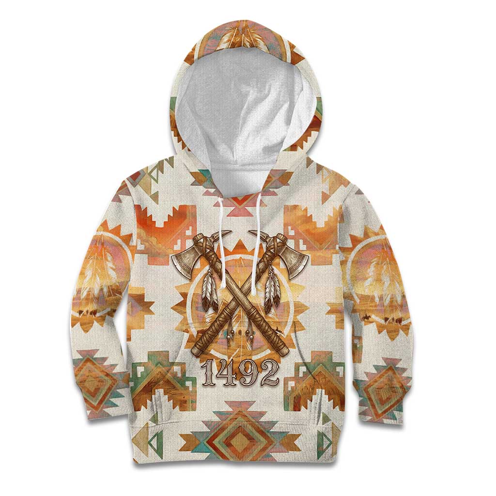 Native American Headdress and Tomahawk Kid Hoodie with 1492 Symbolic Date Traditional Feather Motif Indigenous Heritage - Wonder Print Shop