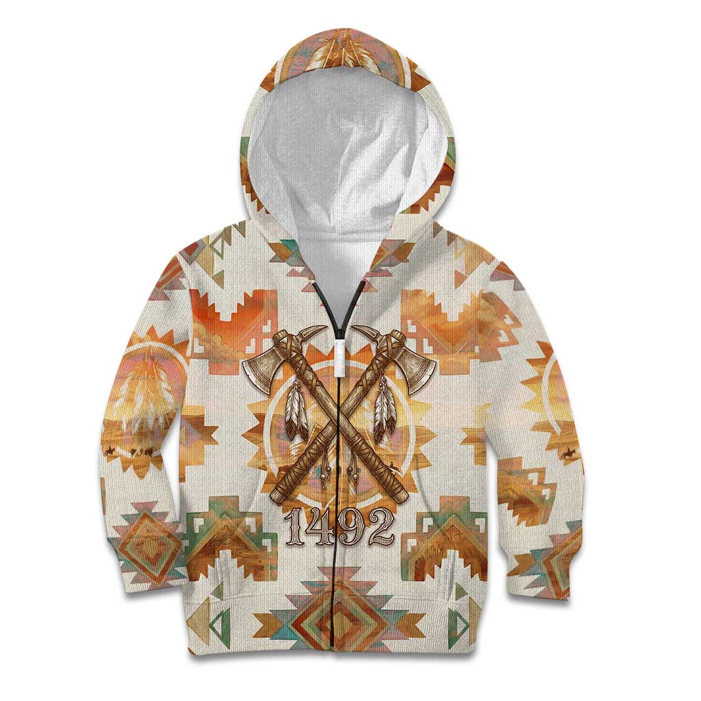 Native American Headdress and Tomahawk Kid Hoodie with 1492 Symbolic Date Traditional Feather Motif Indigenous Heritage - Wonder Print Shop