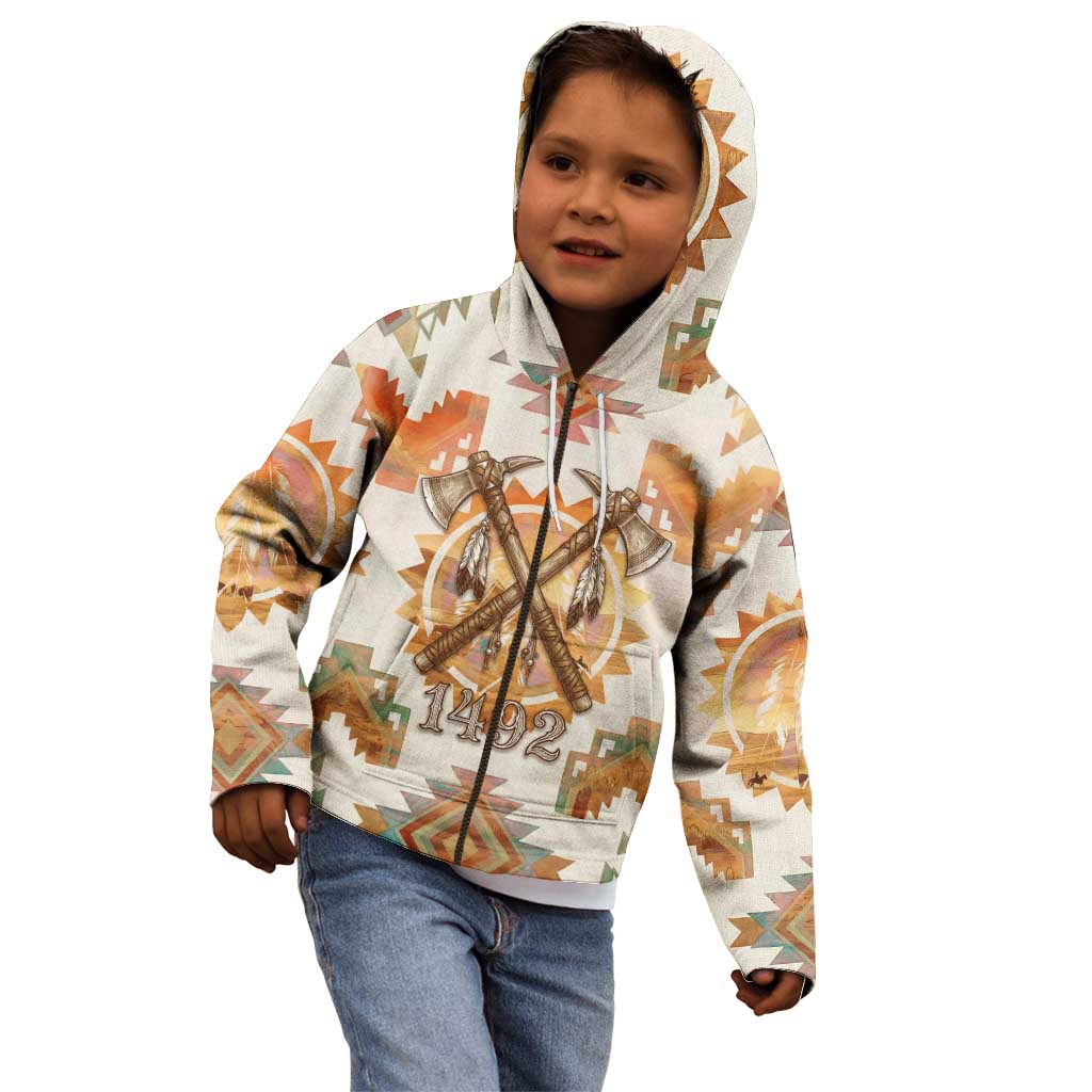 Native American Headdress and Tomahawk Kid Hoodie with 1492 Symbolic Date Traditional Feather Motif Indigenous Heritage - Wonder Print Shop