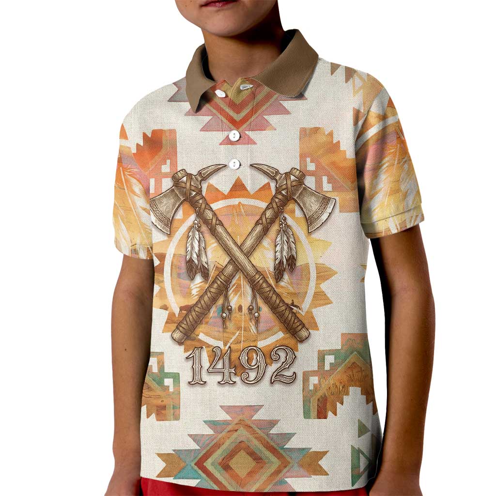 Native American Headdress and Tomahawk Kid Polo Shirt with 1492 Symbolic Date Traditional Feather Motif Indigenous Heritage - Wonder Print Shop