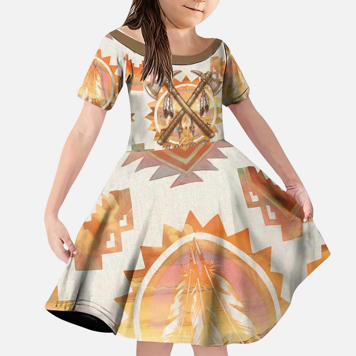 Native American Headdress and Tomahawk Kid Short Sleeve Dress with 1492 Symbolic Date Traditional Feather Motif Indigenous Heritage - Wonder Print Shop