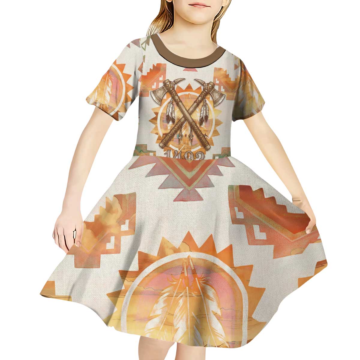 Native American Headdress and Tomahawk Kid Short Sleeve Dress with 1492 Symbolic Date Traditional Feather Motif Indigenous Heritage - Wonder Print Shop
