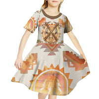 Native American Headdress and Tomahawk Kid Short Sleeve Dress with 1492 Symbolic Date Traditional Feather Motif Indigenous Heritage - Wonder Print Shop