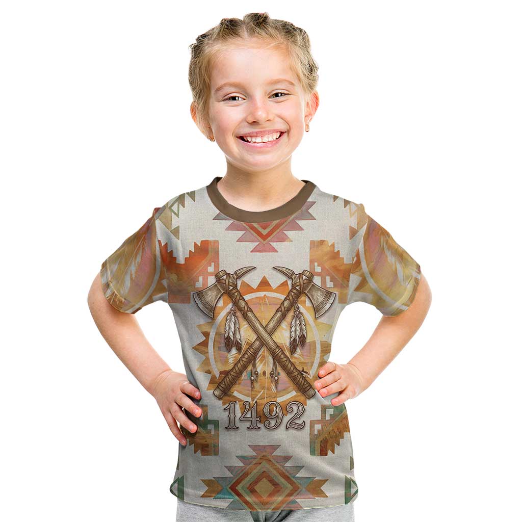 Native American Headdress and Tomahawk Kid T Shirt with 1492 Symbolic Date Traditional Feather Motif Indigenous Heritage - Wonder Print Shop