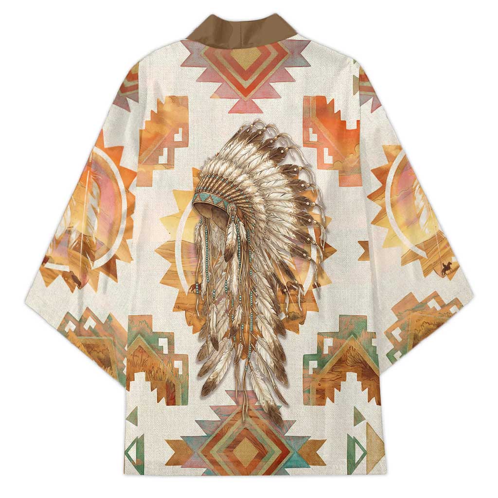 Native American Headdress and Tomahawk Kimono with 1492 Symbolic Date Traditional Feather Motif Indigenous Heritage - Wonder Print Shop