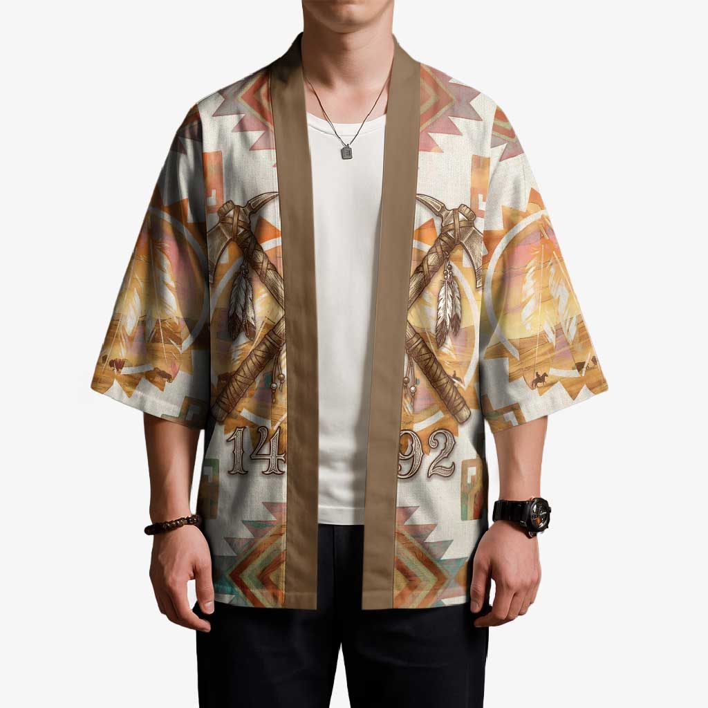 Native American Headdress and Tomahawk Kimono with 1492 Symbolic Date Traditional Feather Motif Indigenous Heritage - Wonder Print Shop