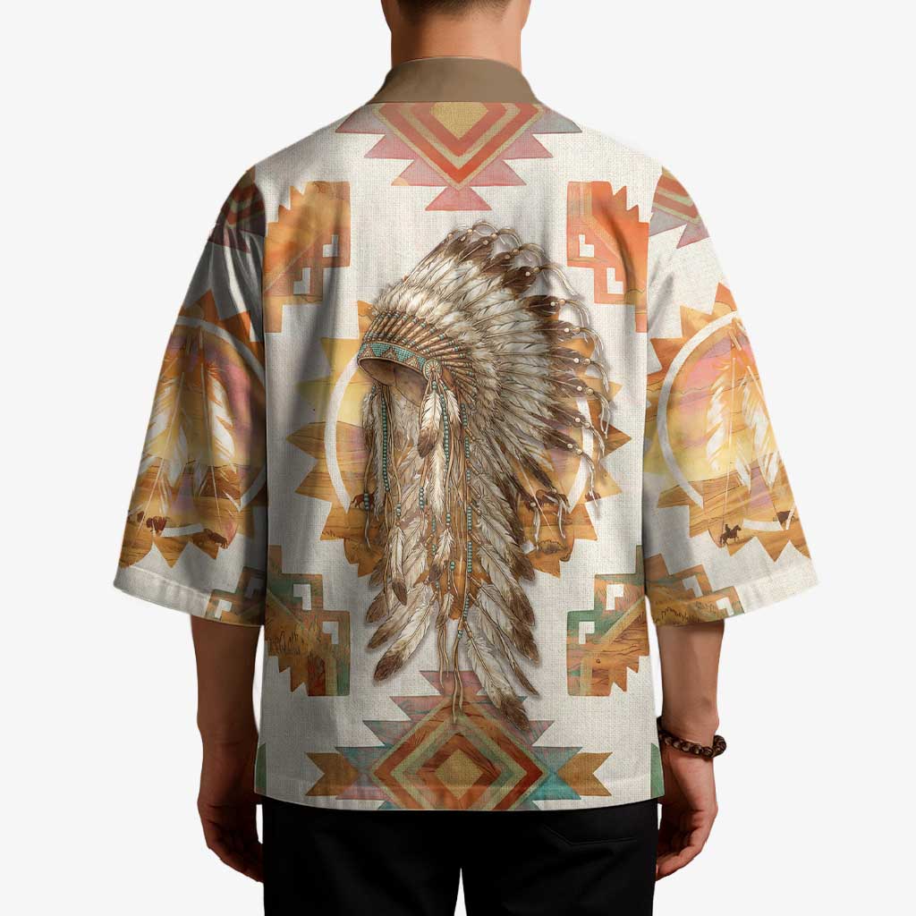 Native American Headdress and Tomahawk Kimono with 1492 Symbolic Date Traditional Feather Motif Indigenous Heritage - Wonder Print Shop