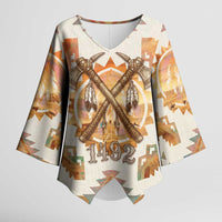 Native American Headdress and Tomahawk Kimono Sleeve Blouse with 1492 Symbolic Date Traditional Feather Motif Indigenous Heritage - Wonder Print Shop