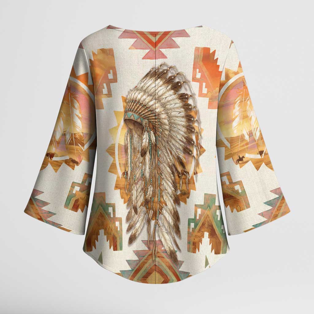 Native American Headdress and Tomahawk Kimono Sleeve Blouse with 1492 Symbolic Date Traditional Feather Motif Indigenous Heritage - Wonder Print Shop