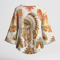 Native American Headdress and Tomahawk Kimono Sleeve Blouse with 1492 Symbolic Date Traditional Feather Motif Indigenous Heritage - Wonder Print Shop