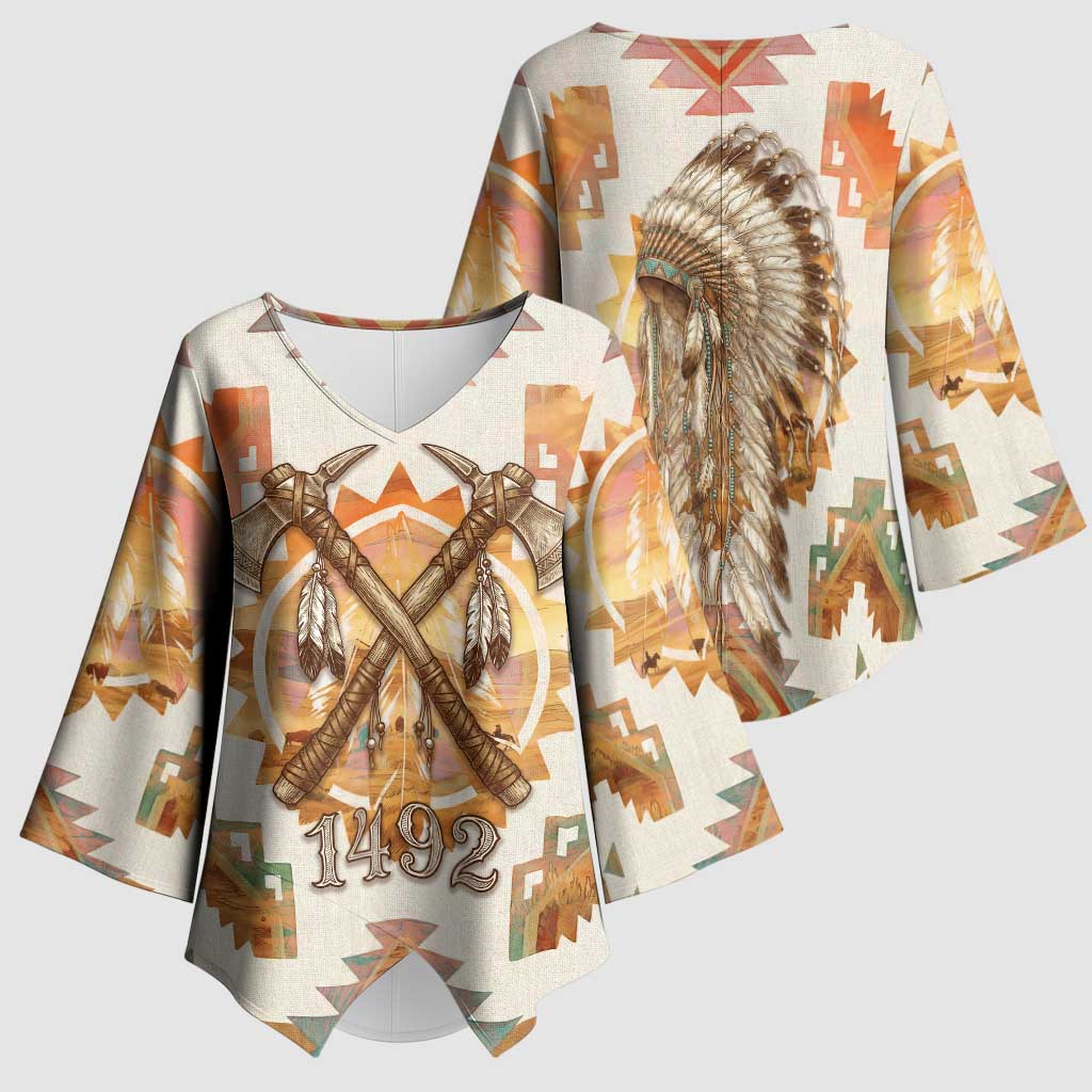 Native American Headdress and Tomahawk Kimono Sleeve Blouse with 1492 Symbolic Date Traditional Feather Motif Indigenous Heritage - Wonder Print Shop