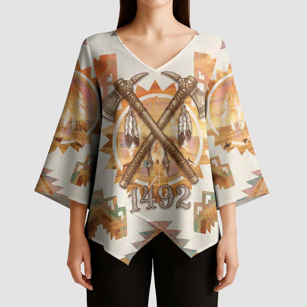 Native American Headdress and Tomahawk Kimono Sleeve Blouse with 1492 Symbolic Date Traditional Feather Motif Indigenous Heritage - Wonder Print Shop