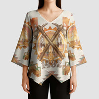 Native American Headdress and Tomahawk Kimono Sleeve Blouse with 1492 Symbolic Date Traditional Feather Motif Indigenous Heritage - Wonder Print Shop