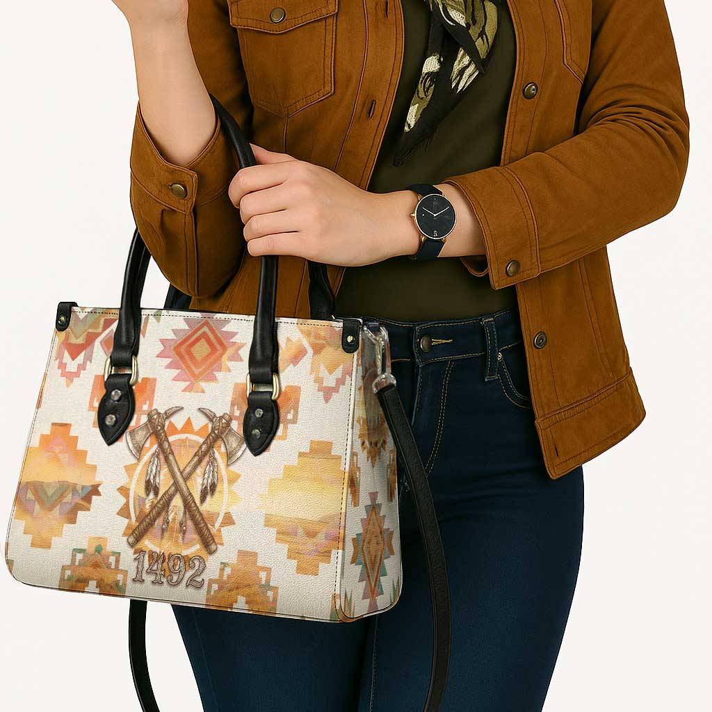 Native American Headdress and Tomahawk Leather Bag with 1492 Symbolic Date Traditional Feather Motif Indigenous Heritage - Wonder Print Shop