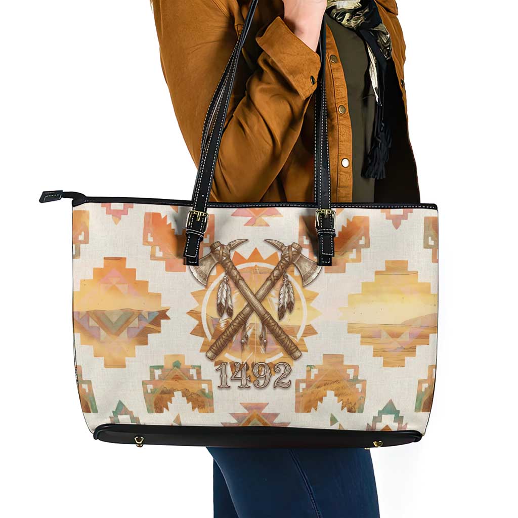 Native American Headdress and Tomahawk Leather Tote Bag with 1492 Symbolic Date Traditional Feather Motif Indigenous Heritage - Wonder Print Shop