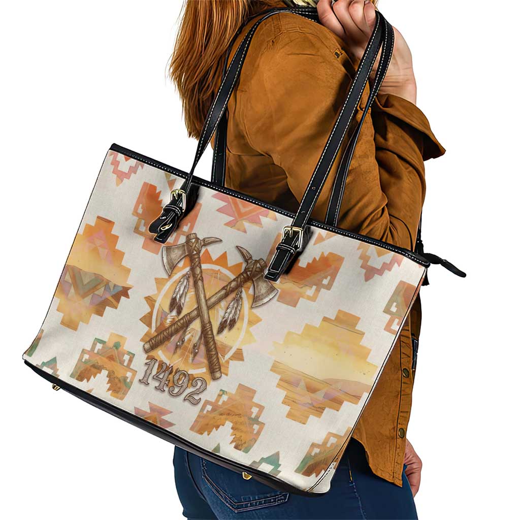 Native American Headdress and Tomahawk Leather Tote Bag with 1492 Symbolic Date Traditional Feather Motif Indigenous Heritage - Wonder Print Shop