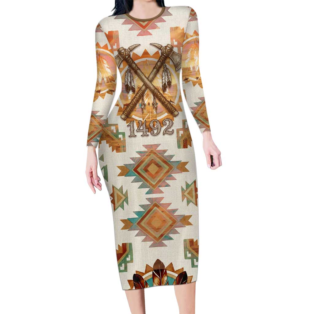 Native American Headdress and Tomahawk Long Sleeve Bodycon Dress with 1492 Symbolic Date Traditional Feather Motif Indigenous Heritage - Wonder Print Shop