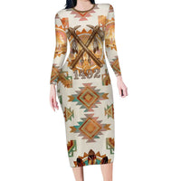 Native American Headdress and Tomahawk Long Sleeve Bodycon Dress with 1492 Symbolic Date Traditional Feather Motif Indigenous Heritage - Wonder Print Shop