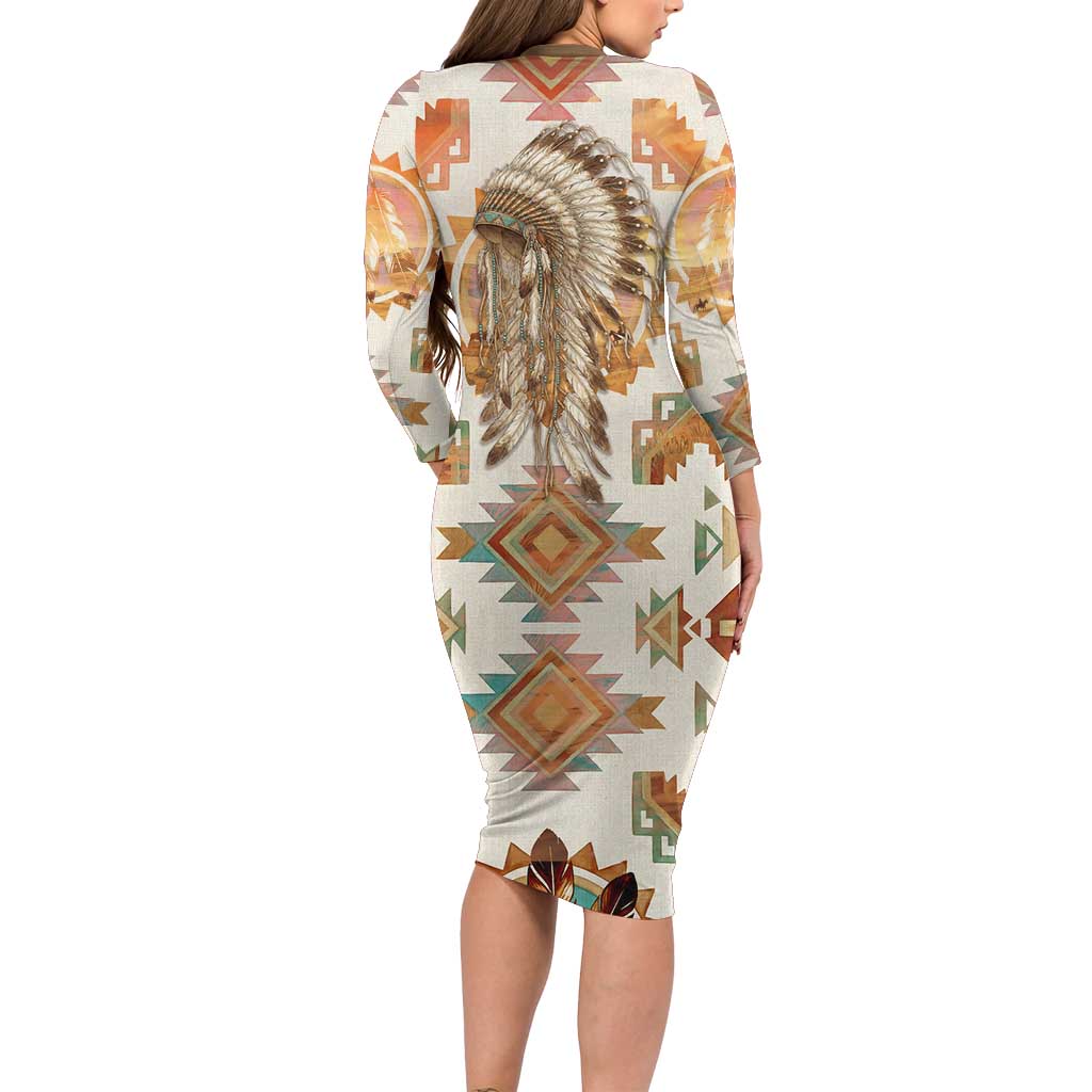 Native American Headdress and Tomahawk Long Sleeve Bodycon Dress with 1492 Symbolic Date Traditional Feather Motif Indigenous Heritage - Wonder Print Shop