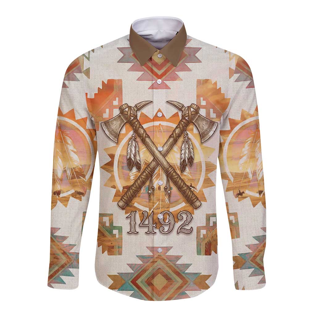 Native American Headdress and Tomahawk Long Sleeve Button Shirt with 1492 Symbolic Date Traditional Feather Motif Indigenous Heritage - Wonder Print Shop