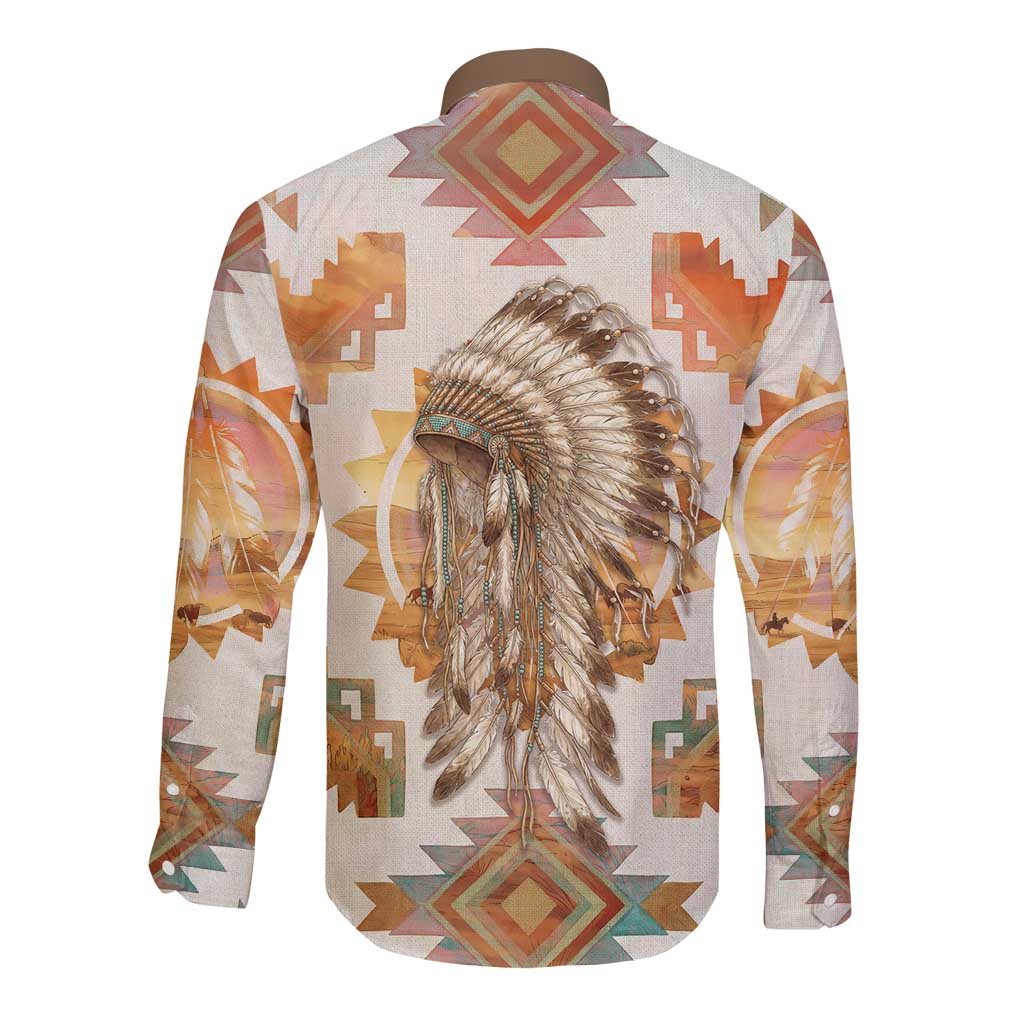 Native American Headdress and Tomahawk Long Sleeve Button Shirt with 1492 Symbolic Date Traditional Feather Motif Indigenous Heritage - Wonder Print Shop