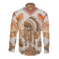 Native American Headdress and Tomahawk Long Sleeve Button Shirt with 1492 Symbolic Date Traditional Feather Motif Indigenous Heritage - Wonder Print Shop