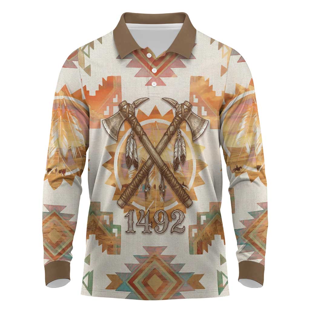 Native American Headdress and Tomahawk Long Sleeve Polo Shirt with 1492 Symbolic Date Traditional Feather Motif Indigenous Heritage - Wonder Print Shop