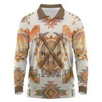 Native American Headdress and Tomahawk Long Sleeve Polo Shirt with 1492 Symbolic Date Traditional Feather Motif Indigenous Heritage - Wonder Print Shop