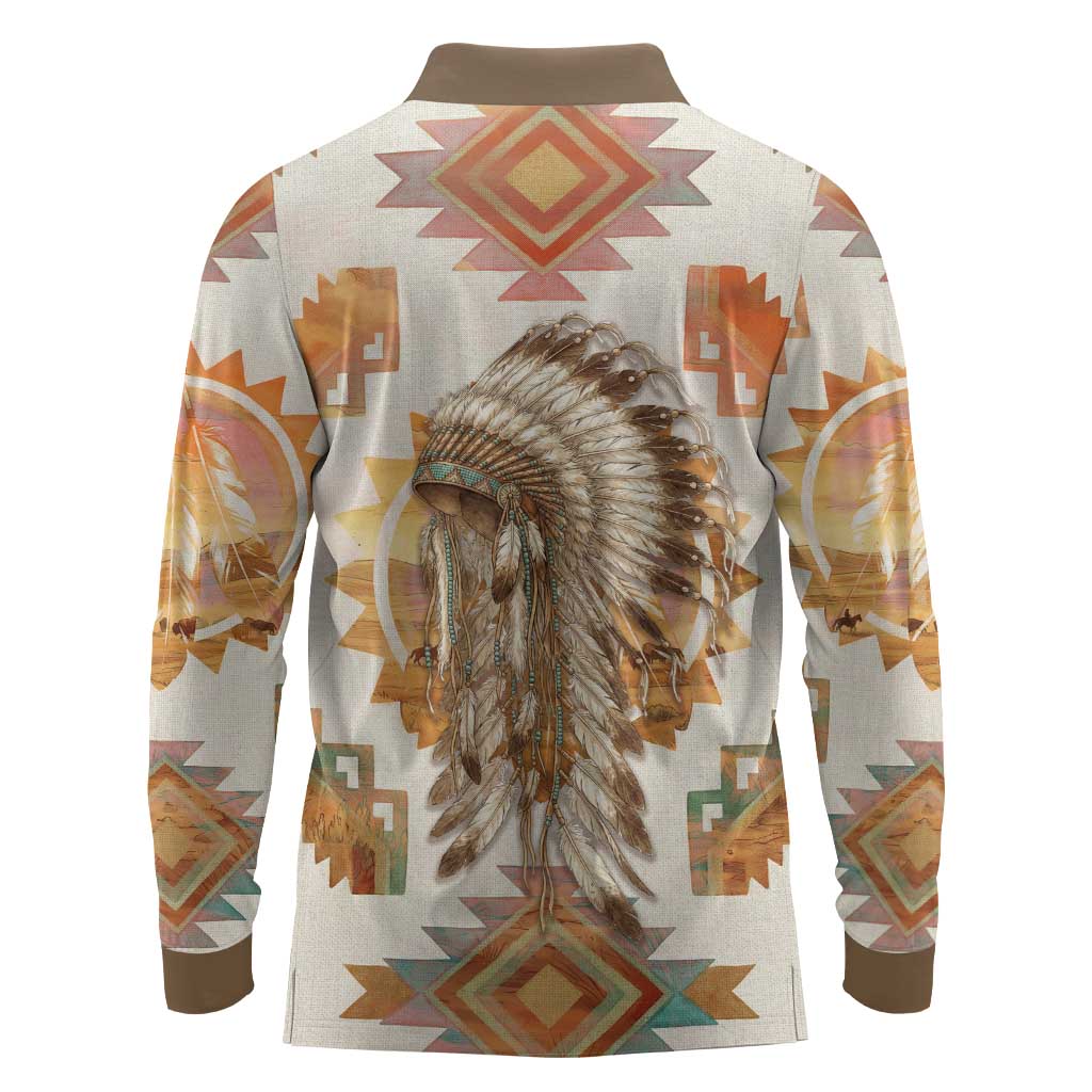 Native American Headdress and Tomahawk Long Sleeve Polo Shirt with 1492 Symbolic Date Traditional Feather Motif Indigenous Heritage - Wonder Print Shop