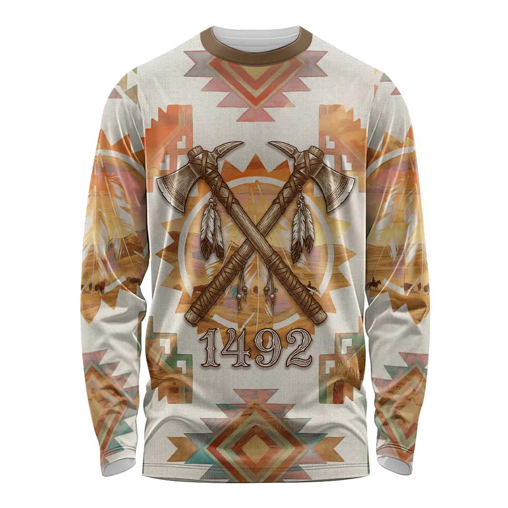 Native American Headdress and Tomahawk Long Sleeve Shirt with 1492 Symbolic Date Traditional Feather Motif Indigenous Heritage - Wonder Print Shop