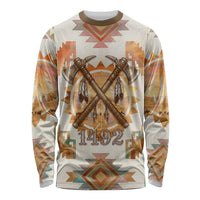 Native American Headdress and Tomahawk Long Sleeve Shirt with 1492 Symbolic Date Traditional Feather Motif Indigenous Heritage - Wonder Print Shop