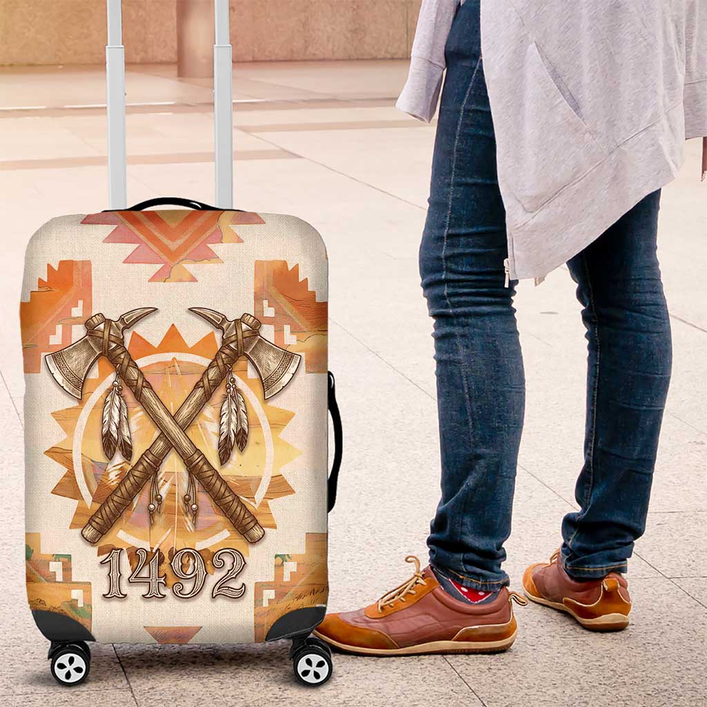 Native American Headdress and Tomahawk Luggage Cover with 1492 Symbolic Date Traditional Feather Motif Indigenous Heritage - Wonder Print Shop