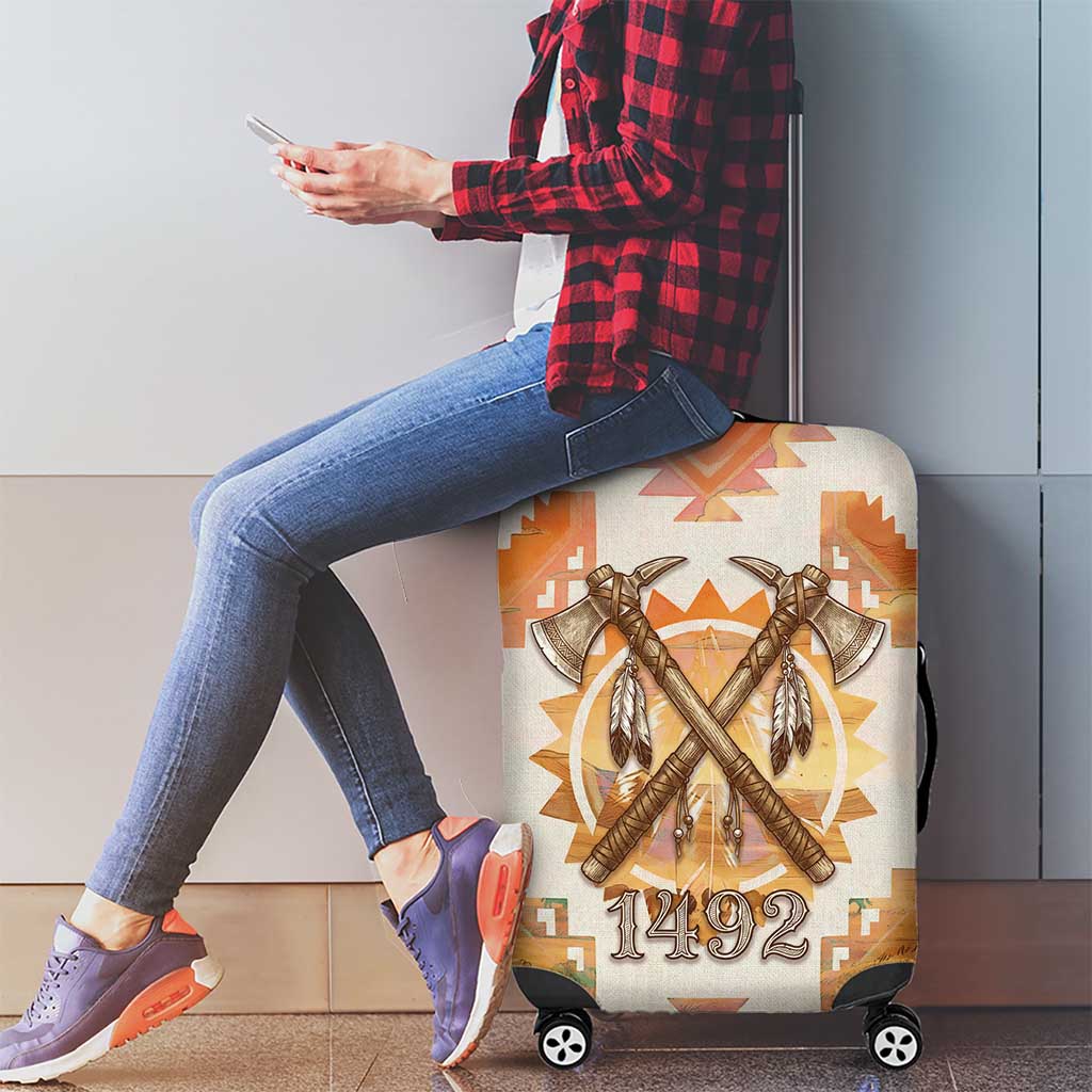 Native American Headdress and Tomahawk Luggage Cover with 1492 Symbolic Date Traditional Feather Motif Indigenous Heritage - Wonder Print Shop