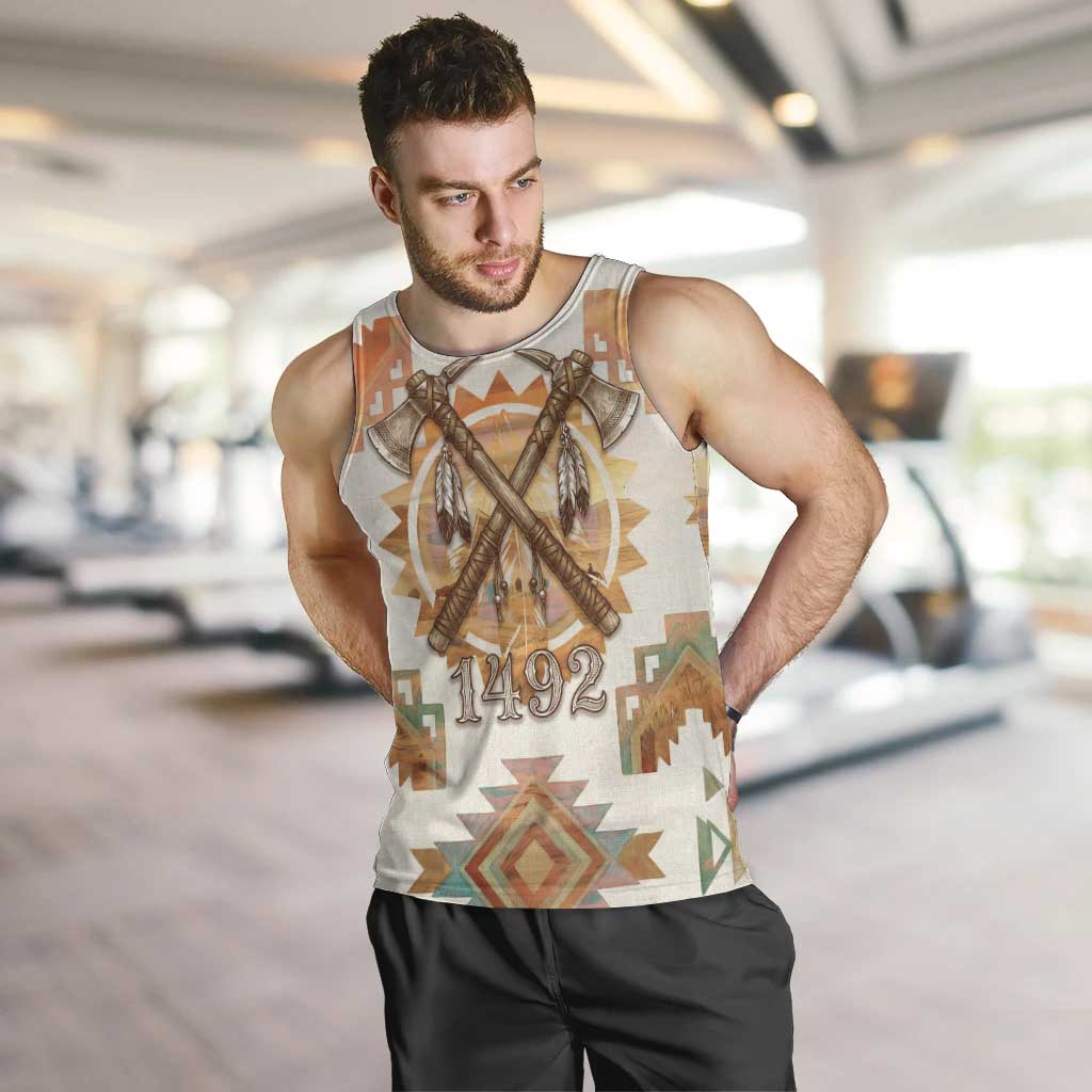 Native American Headdress and Tomahawk Men Tank Top with 1492 Symbolic Date Traditional Feather Motif Indigenous Heritage - Wonder Print Shop