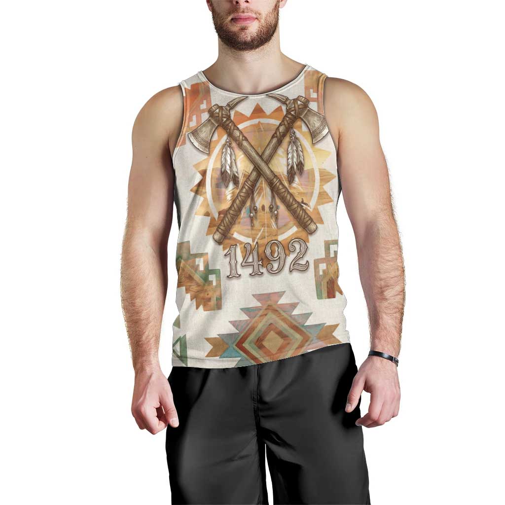 Native American Headdress and Tomahawk Men Tank Top with 1492 Symbolic Date Traditional Feather Motif Indigenous Heritage - Wonder Print Shop