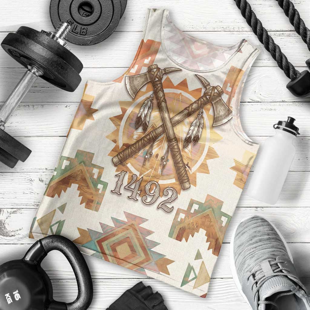 Native American Headdress and Tomahawk Men Tank Top with 1492 Symbolic Date Traditional Feather Motif Indigenous Heritage - Wonder Print Shop
