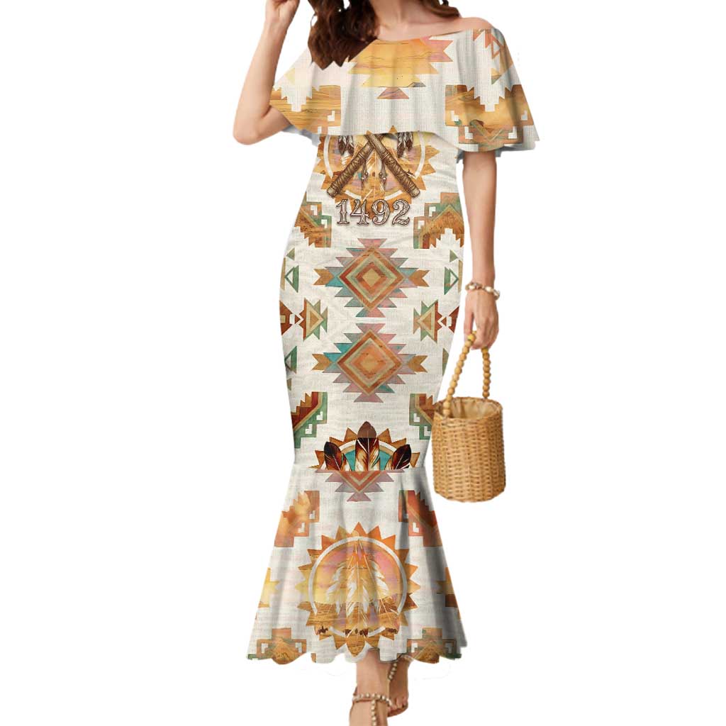 Native American Headdress and Tomahawk Mermaid Dress with 1492 Symbolic Date Traditional Feather Motif Indigenous Heritage - Wonder Print Shop