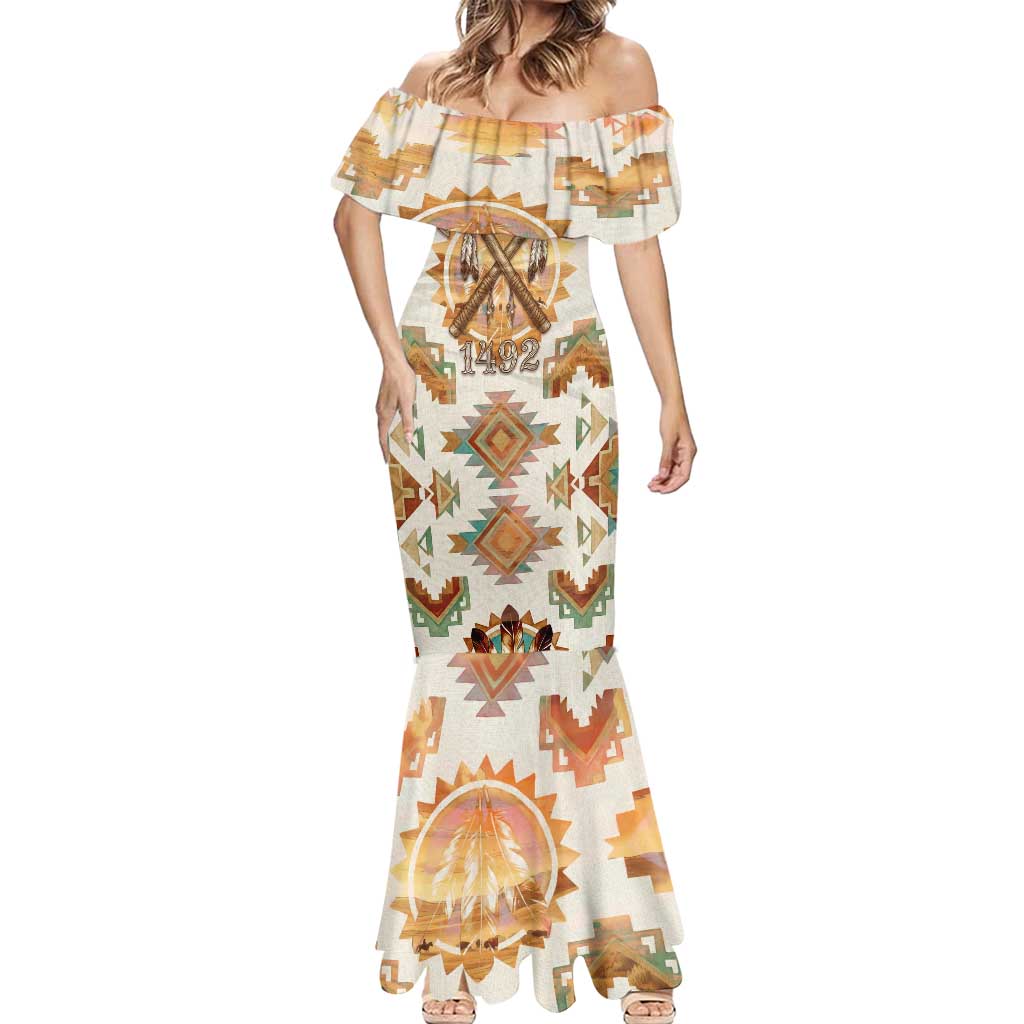 Native American Headdress and Tomahawk Mermaid Dress with 1492 Symbolic Date Traditional Feather Motif Indigenous Heritage - Wonder Print Shop