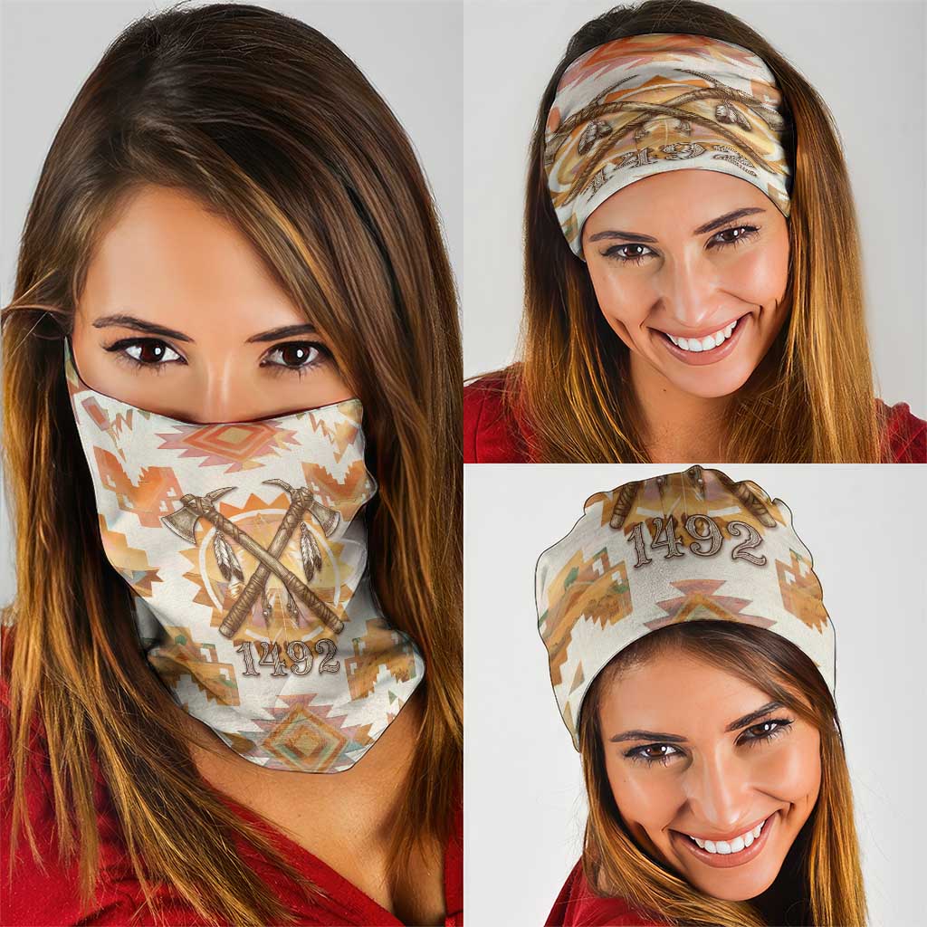 Native American Headdress and Tomahawk Neck Gaiter with 1492 Symbolic Date Traditional Feather Motif Indigenous Heritage - Wonder Print Shop