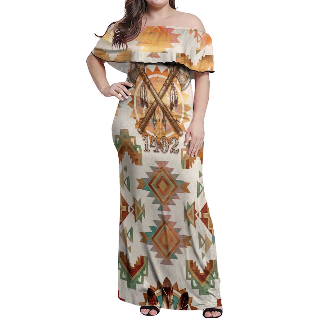 Native American Headdress and Tomahawk Off Shoulder Maxi Dress with 1492 Symbolic Date Traditional Feather Motif Indigenous Heritage - Wonder Print Shop
