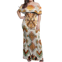 Native American Headdress and Tomahawk Off Shoulder Maxi Dress with 1492 Symbolic Date Traditional Feather Motif Indigenous Heritage - Wonder Print Shop