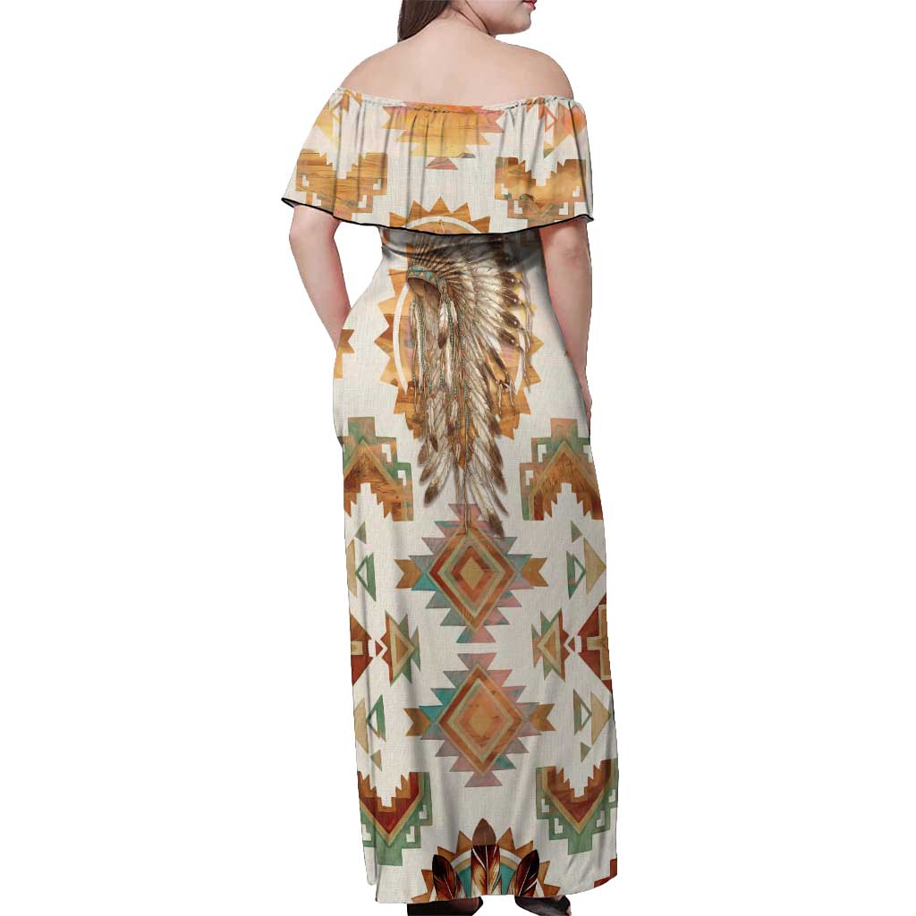 Native American Headdress and Tomahawk Off Shoulder Maxi Dress with 1492 Symbolic Date Traditional Feather Motif Indigenous Heritage - Wonder Print Shop