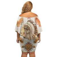 Native American Headdress and Tomahawk Off Shoulder Short Dress with 1492 Symbolic Date Traditional Feather Motif Indigenous Heritage - Wonder Print Shop